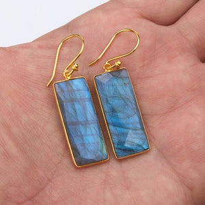 Large blue hue rectangle labradorite earrings,rectangle labradorite,real gemstone earrings,birthday gift,mother gift,custom note card