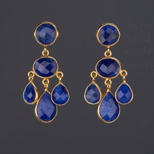 orecchini in zaffiro a tre livelli, orecchino lampadario in zaffiro, orecchino festa blu, orecchino a goccia, regalo di compleanno settembre, regalo madre, regalo sorella
