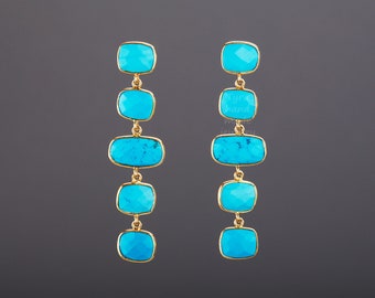 Five tier turquoise earrings,long dangle turquoise,square turquoise string,chained turquoise earring,birthday gift,mother gift,custom note