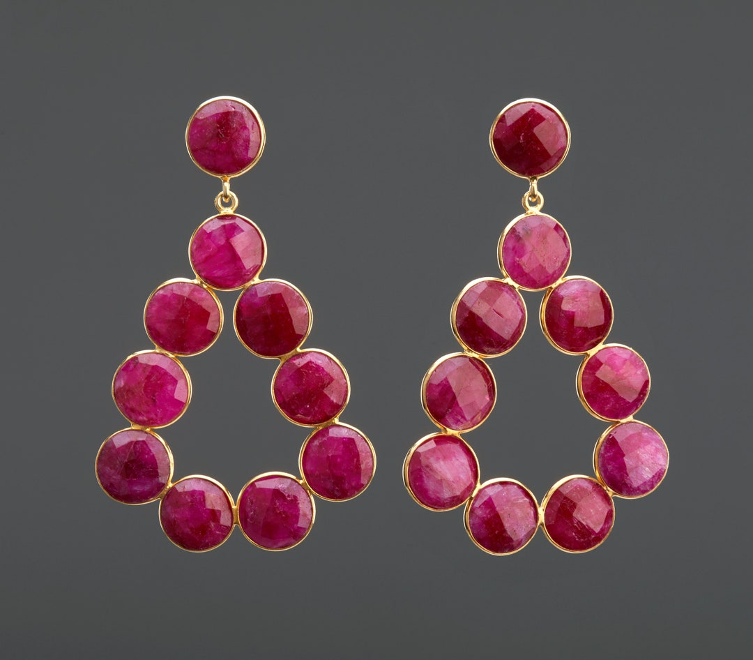 Very Large Two Tier Ruby Hoop Earring,teardrop Ruby Hoop Earring,dangle ...