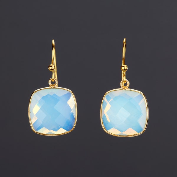 Large square opalite earrings,Large faceted opal earrings,Dangle drop stone earrings,October birthday earrings,Mother's day gift