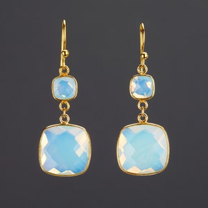 Pendientes de opal cuadrados grandes de dos capas, pendientes de ópalo facetados grandes, pendientes de piedra colgantes, pendientes de cumpleaños de octubre, regalo del día de la madre