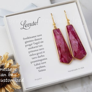 Long Ruby earring,large deep red ruby earring,Large faceted ruby earring,dangle tie shape earring,birthday gift,mother gift,custom note card image 3
