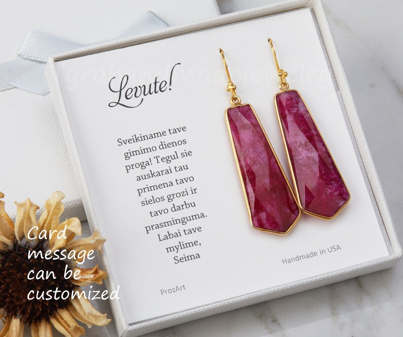 Long Ruby earring,large deep red ruby earring,Large faceted ruby earring,dangle tie shape earring,birthday gift,mother gift,custom note card image 3