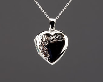 Flower stamped heart locket with photo,custom engraving heart photo locket,personalized remembrance locket,memorial necklace,Valentine gift