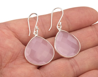 Grande boucle d'oreille en calcédoine rose, lunette, boucles d'oreilles en calcédoine rose à facettes, cadeau d'anniversaire, boucle d'oreille robe rose, cadeau de la Saint-Valentin