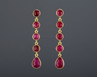 Five tier ruby bead earring,long dangle ruby string,round ruby bead chain earring,deep red earring,July birthday earring,Mother's Day gift