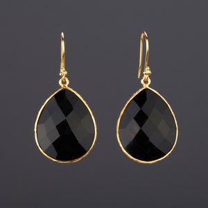 Large Black onyx Gold earrings,Large pear gemstone earrings,real teardrop nature stone,Faceted black onyx earrings,birthday gift,mother gift