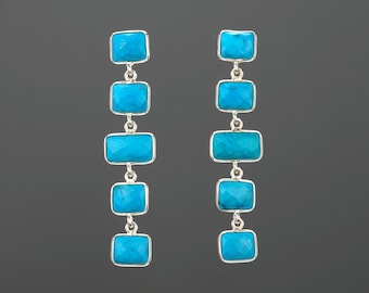 Five tier turquoise earrings,long dangle turquoise,square turquoise string,chained turquoise earring,birthday gift,mother gift,custom note