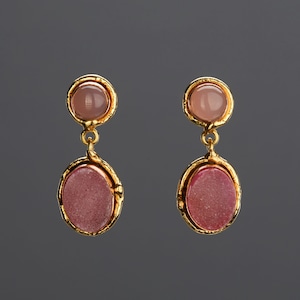 Pendiente druzy de cuarzo rosa de dos niveles, pendientes de piedra natural mixta, pendientes de tono rosado, regalo de aniversario