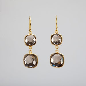 Pendientes de cuarzo ahumado con cojín de dos niveles, pendientes de cuarzo ahumado colgantes largos, cuarzo ahumado facetado, pendientes de cumpleaños, pendientes de hermana