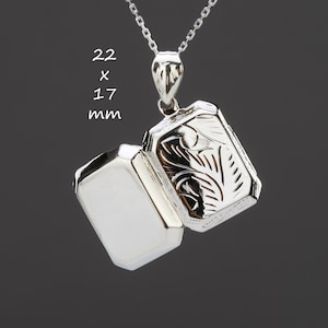 Graviertes Sterlingsilber-Box-Medaillon, personalisiertes Rechteck-Foto-Medaillon, geätzte Blumenfront, Erinnerungsgeschenk, Erinnerungs-Medaillon, Jubiläumsgeschenk