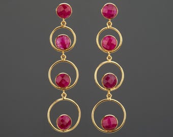 Four tier ruby bead in circle earring,long dangle ruby string earring,deep red stone earring,July birthday earring,Mother's Day gift