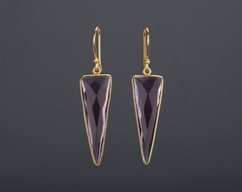 Triangle amethyst earring,long dangle purple quartz earrings,framed faceted amethyst,February birthday gift,Mother gift,Anniversary gift