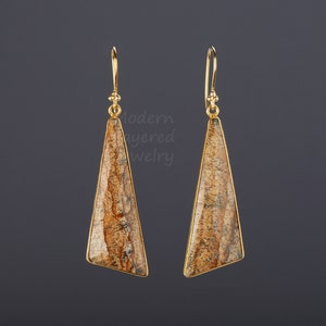 Grandes boucles d’oreilles en jaspe triangle, jaspe long scalène, boucles d’oreilles en pierre gemme véritable, pierre de jaspe facetté, cadeau d’anniversaire, cadeau de mère, carte de note personnalisée