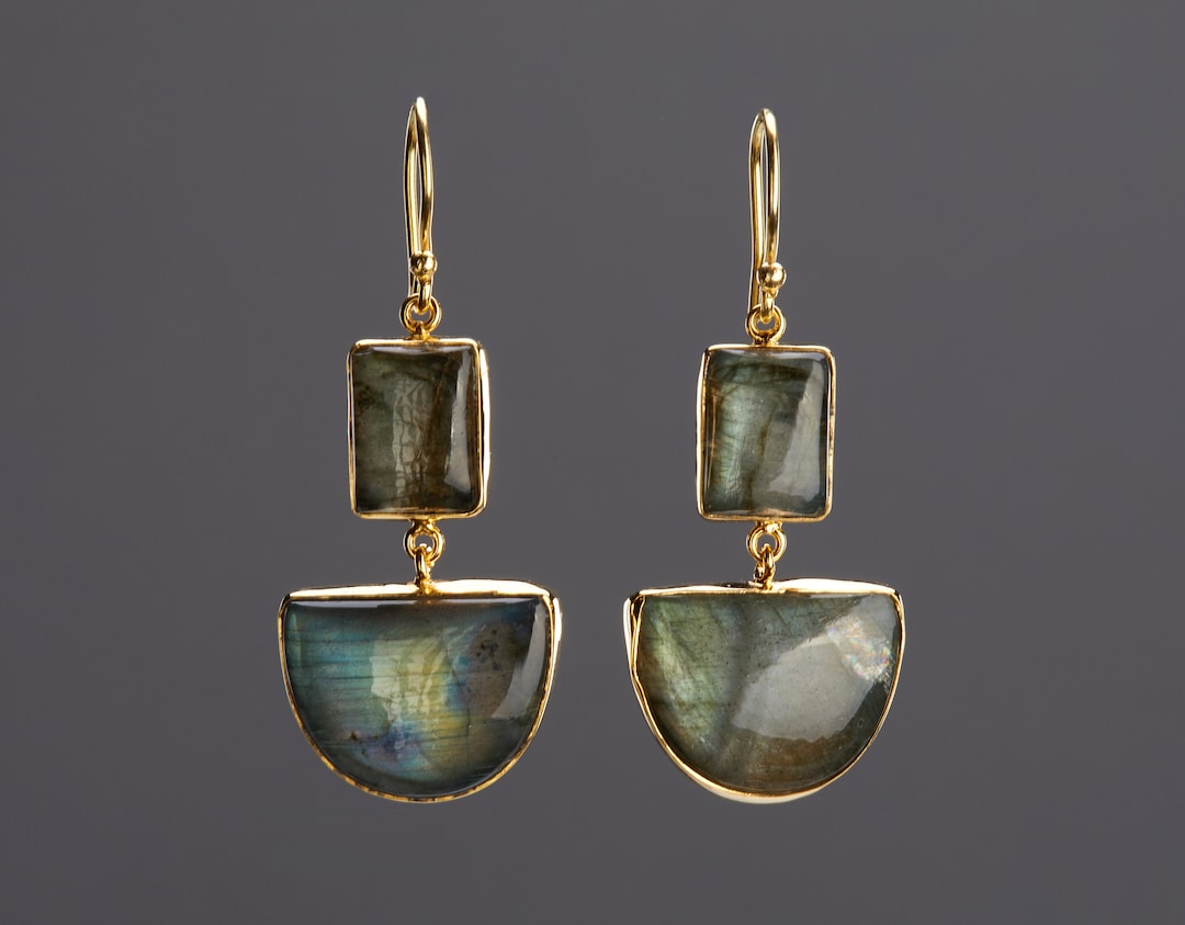 Orecchini Pendenti A Goccia In Pietre Naturali - Labradorite, Nuova Giada Serpentina - Placcato Oro Rosa 14K - Geometrici Multi-Tier - 4