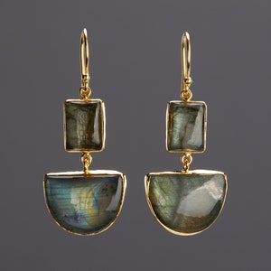 Orecchini a due livelli in labradorite, orecchini a forma di rettangolo con geometria mista e semicerchio in labradorite, labradorite tonalità blu, regalo di compleanno, regalo per la mamma