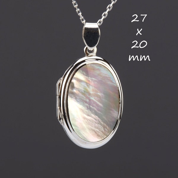 Large Mother of pearl sterling silver oval locket with photo,Oval Locket clad with mother of pearl,Memory locket,June birth locket gift