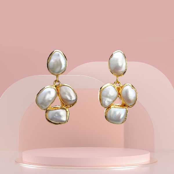 two tier baroque pearl post earring,baroque pearl cluster earring,June birth earrings,mother gift,bridal dress earrings
