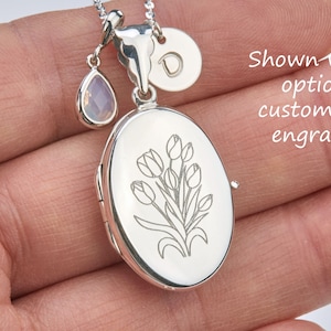 Engraved birth flower locket necklace with photo,sterling silver,custom keepsake locket,birthstone initial,Memorial locket,wedding locket
