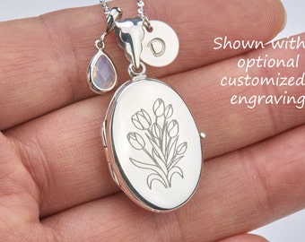 Engraved birth flower locket necklace with photo,sterling silver,custom keepsake locket,birthstone initial,Memorial locket,wedding locket