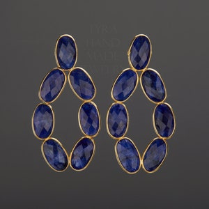 Ovale Saphir Reifen Ohrring, große Saphir Ohrring, Saphir Stein Kreis, lange Tropfen Saphir, tief blau Ohrring, Sept Geburtstag, Muttertagsgeschenk
