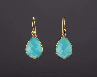 Brinco de calcedônia azul água pêra, brinco de pedra preciosa de tamanho médio, brinco de calcedônia facetada, presente de aniversário, presente de casamento na praia, presente de mãe