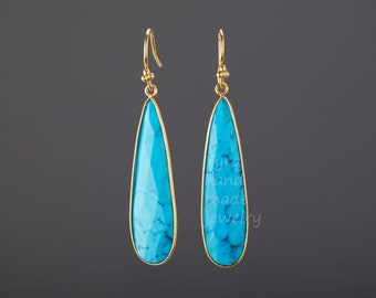 Long turquoise earrings,large faceted nature stone earring,long dangle teardrop earring,December birthday gift,mother gift,custom note card