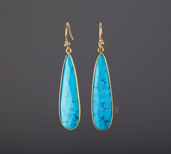 Long teardrop turquoise earrings,large faceted blue stone earring,December birthday gift,Blue dress earrings,mother gift,custom note card