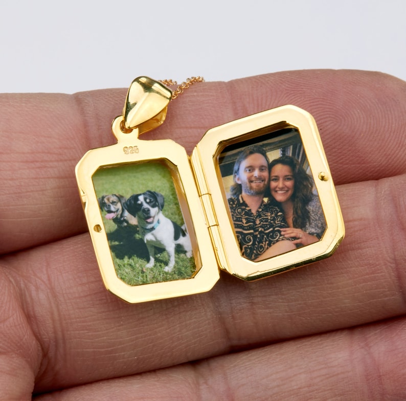 Engraved gold vermeil box locket,Personalized rectangle photo Locket,etched floral front,remembrance gift,Memory locket,anniversary gift image 9