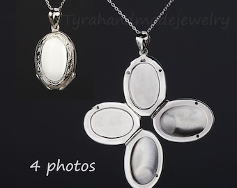 Four photos sterling silver locket,Custom engrave memorial oval locket,anniversary gift,remembrance photo locket,Valentine's day,mother gift