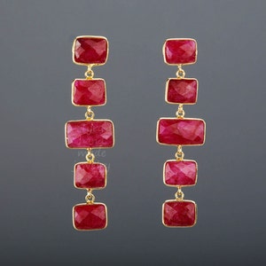 Pendientes de rubí de cinco niveles, pendiente de cadena larga de rubí, pendiente de rubí cuadrado, pendiente de rubí rectangular, regalo de cumpleaños de julio, regalo de madre, regalo de aniversario