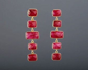 Five tier ruby earrings,long ruby chain earring,square ruby earring,rectangle ruby earring,July birthday gift,mother gift,anniversary gift