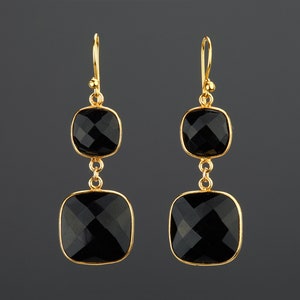 Pendientes cuadrados de ónix negro de dos niveles, pendientes largos colgantes de ónix negro, pendientes de vestido negro, regalo de cumpleaños, regalo para madre, nota de joyería personalizada