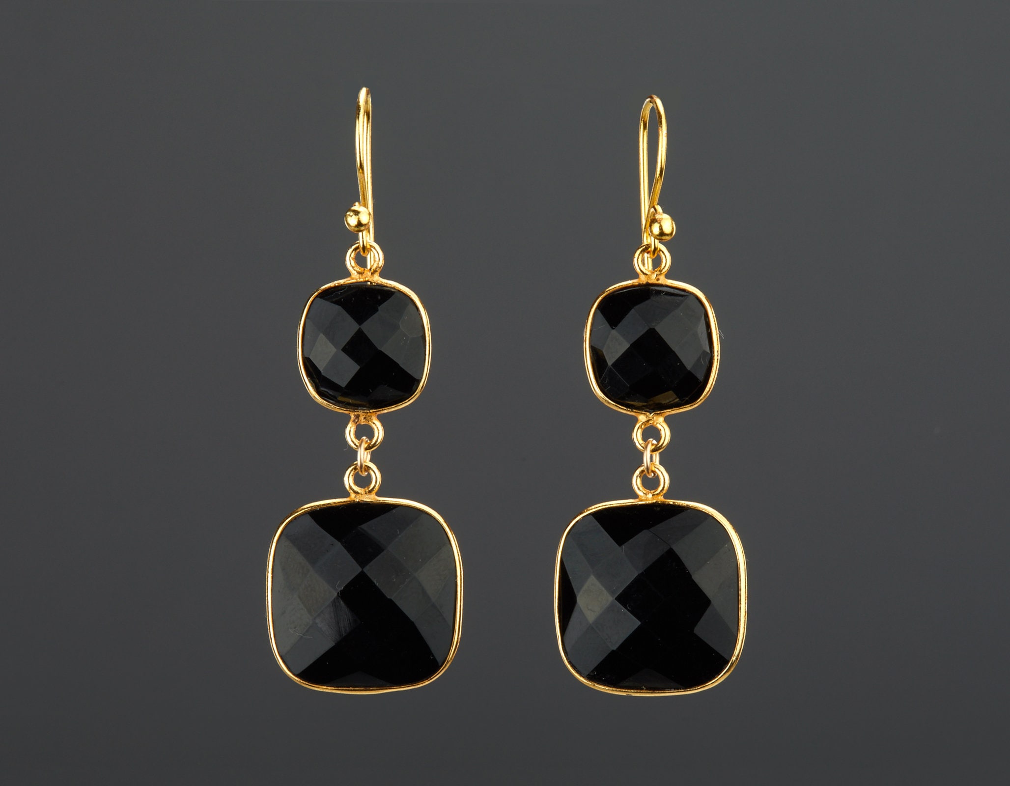 Two tier square black onyx earrings,long dangle swing black onyx earring,black dress earring,birthday gift,mother gift,custom jewelry note