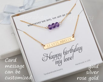 Double layer bead bar necklace,custom engraved bar,gemstone bead string,name date location bar,Roman numeral,anniversary gift,birthday gift