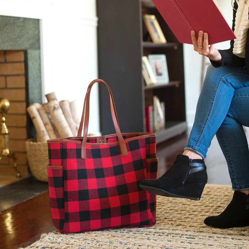 Personalized large purse Monogrammed red buffalo check style Tote Bag Shopping Tote Tote Bag,carry on handbag
