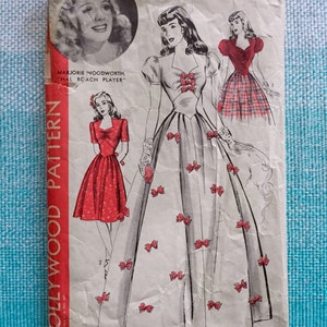 1940s Hollywood 1059 Sewing Pattern Marjorie Woodworth Swing Dress Sweetheart Neckline Puff Sleeve Shaped Waist Evening Gown Size 14 Bust 32