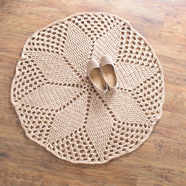 42" Pinwheel Crochet Doily Rug, Wedding Decor, Home, Nursery, Brown Tan, 