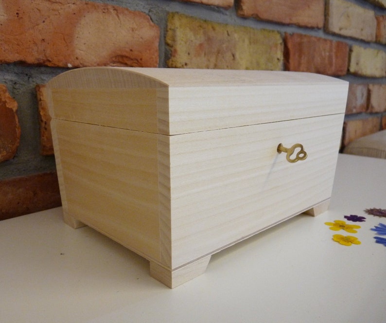 Wooden unpainted unfinished jewelry treasure box with key lock Etsy