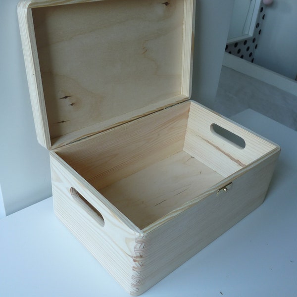 Wooden treasure chest box with hinges, wooden storage box, wooden unfinished unpainted plain chest craft box, wooden box with closure