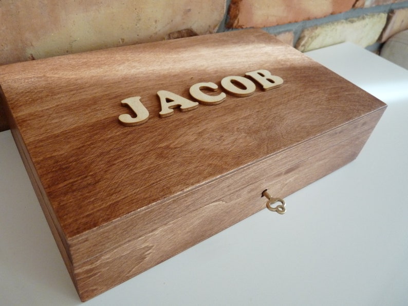 Wooden Name Box With Key Lock Personalised Rustic Gift Image 0