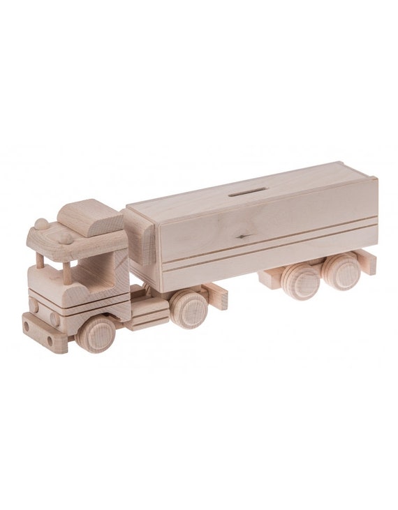 Handmade Large Truck Whit Trailer Money Box Wooden