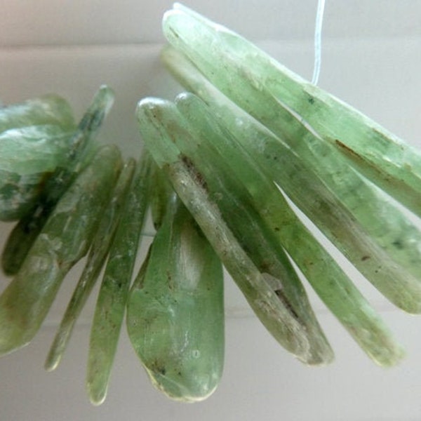 Raw green kyanite sticks -middle point drilled-21-42mm -12 beads- raw kyanite beads.gemstone supply-craft beads- necklace earring making