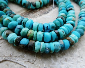May include: Strands of turquoise gemstone beads. The beads are a vibrant turquoise color with natural variations of brown and black. The beads are faceted and have a slightly irregular shape, strung together to create a necklace or bracelet.