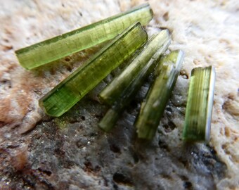 Raw green tourmaline sticks 9-19mm undrilled- 5 pcs natural crystals-jewelry making- gemstone electroform crafts