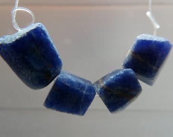 May include: A strand of four rough-cut, deep blue lapis lazuli beads. Each bead features a cylindrical shape with natural, uneven textures and subtle dark inclusions, strung together on a thin, clear, flexible filament thread.