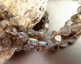 Labradorite coin 5mm beads- 6in strand round gemstone- jewelry making -natural gray craft beads