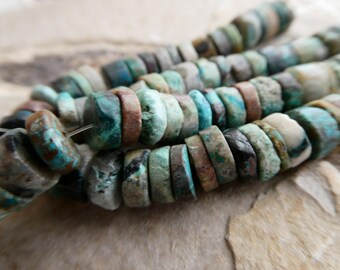 Chrysocolla rondelle matte 7-8mm beads - 4in strand large gemstone-green natural craft beads-jewelry  making