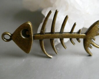 Antique brass 43mm fish bone charm -1 large pc- jewelry making-prehistoric fish craft beads